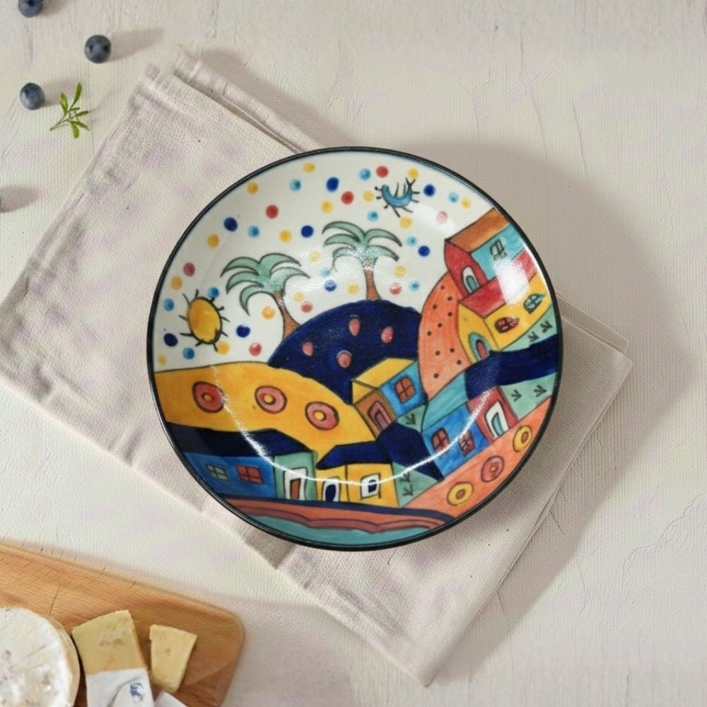 turkish city ceramic quarter plate set of 6 round plates with colorful artistic houses design for dining and serving